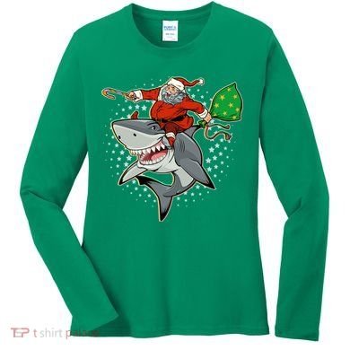 Funny Christmas Santa Riding Shark Women's Long Sleeve Shirt