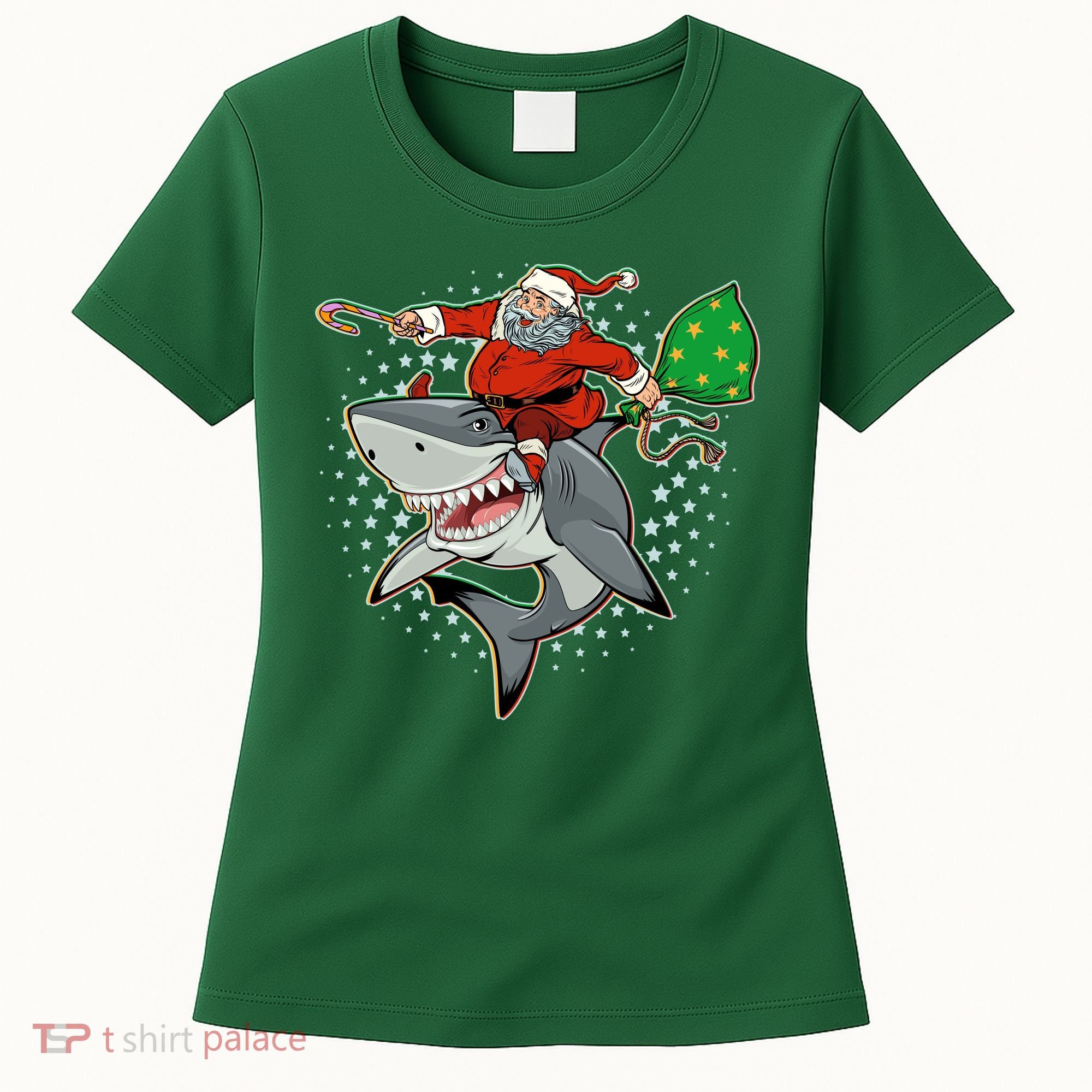 Funny Christmas Santa Riding Shark Women's T-Shirt