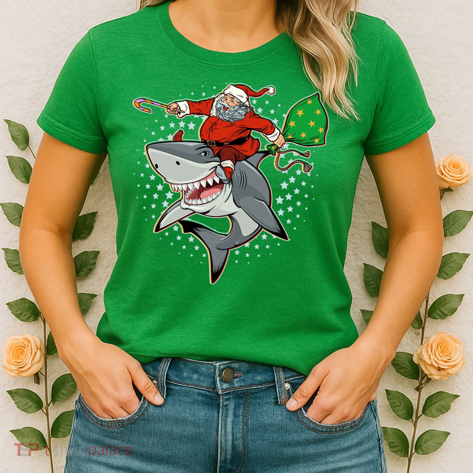 Funny Christmas Santa Riding Shark Women's T-Shirt