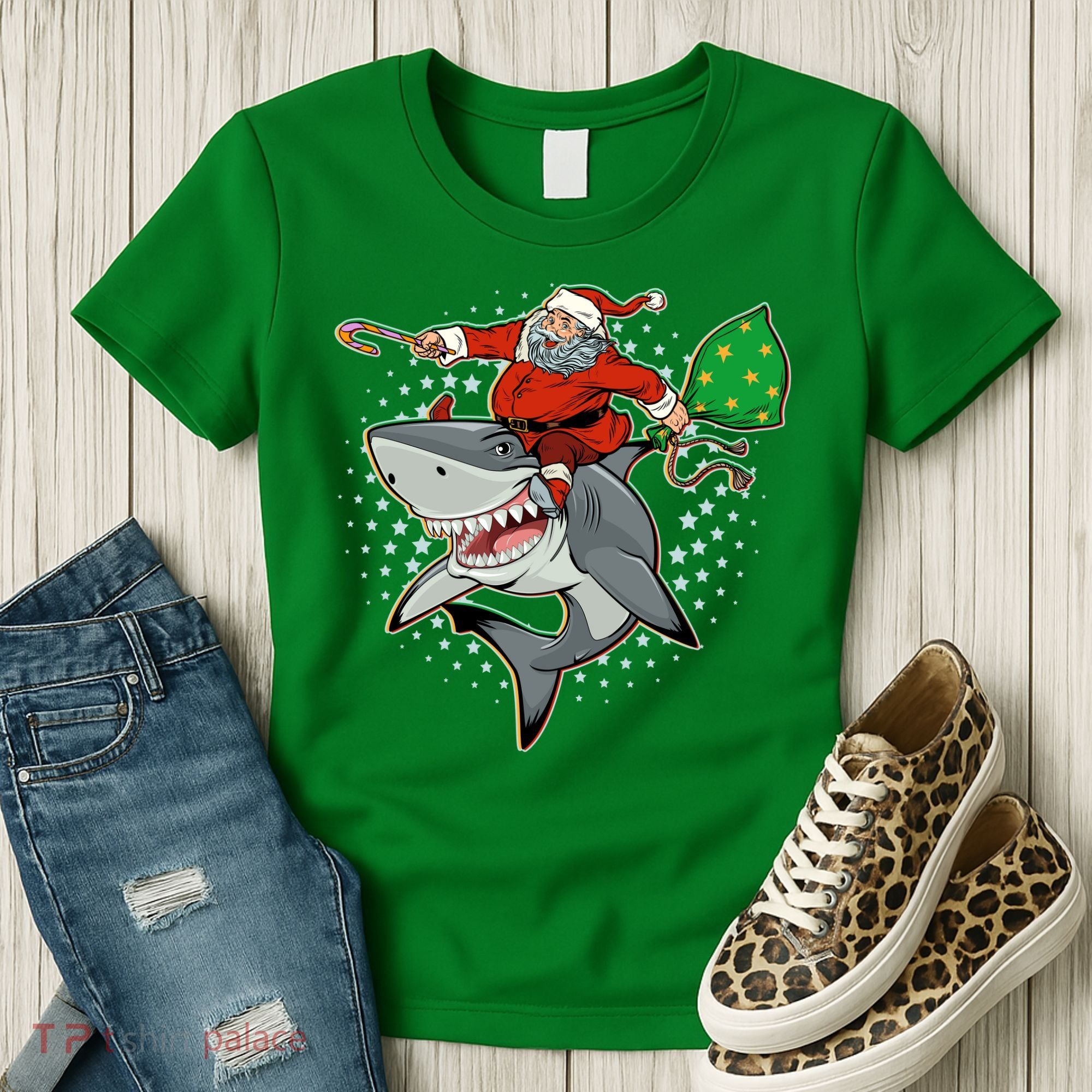 Funny Christmas Santa Riding Shark Women's T-Shirt