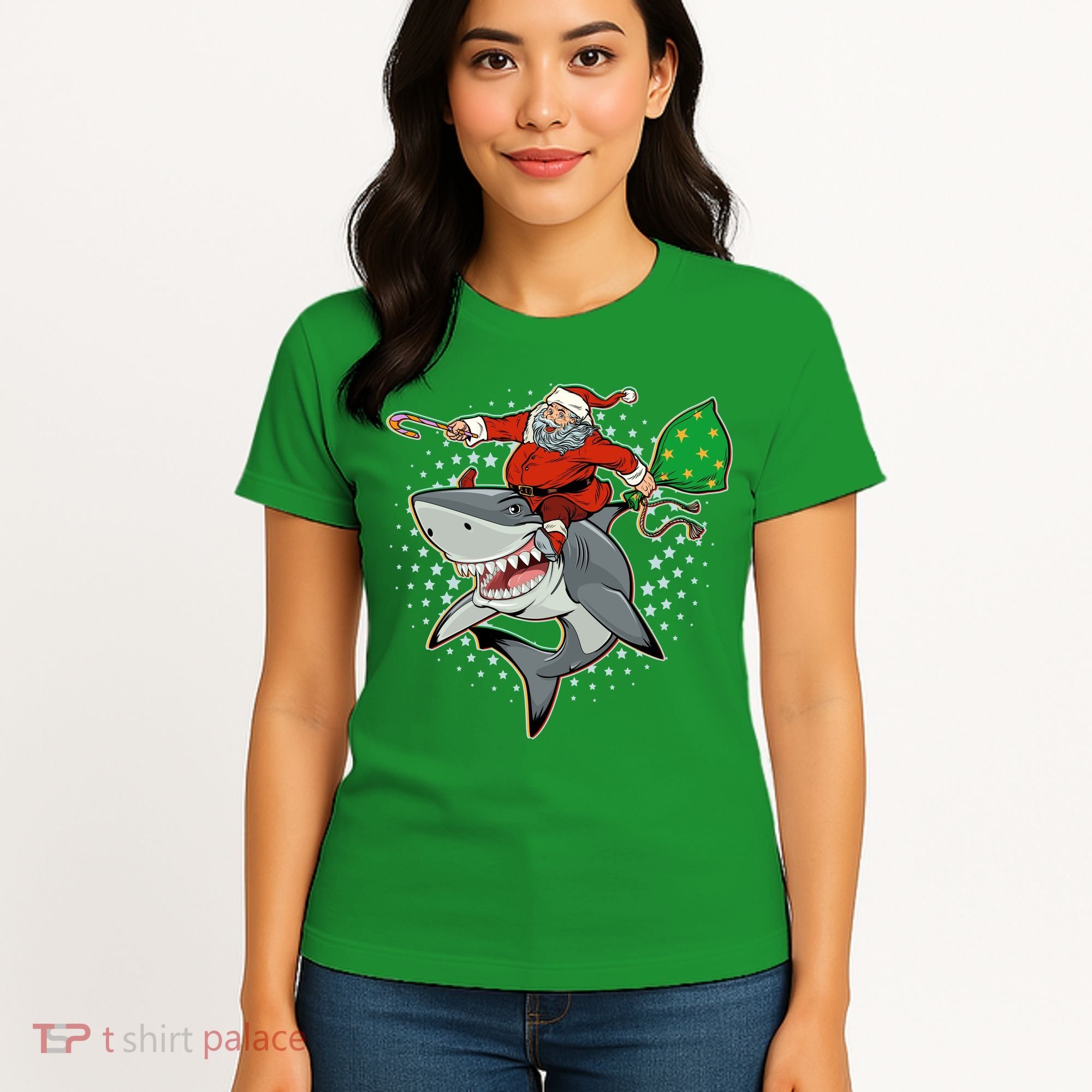 Funny Christmas Santa Riding Shark Women's T-Shirt