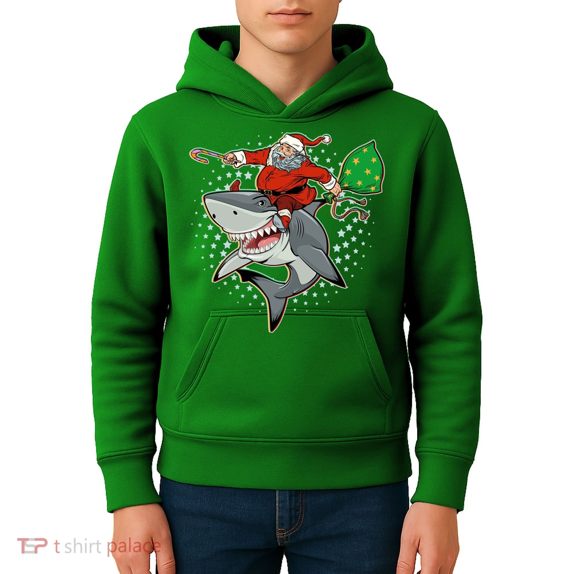 Funny Christmas Santa Riding Shark Kids Hoodie