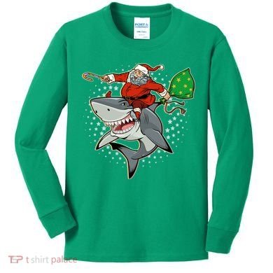 Funny Christmas Santa Riding Shark Kids Long Sleeve Shirt