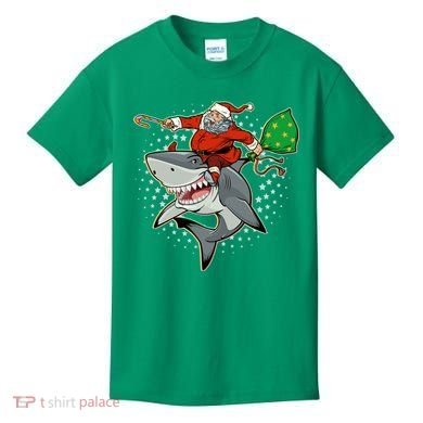 Funny Christmas Santa Riding Shark Kids T-Shirt