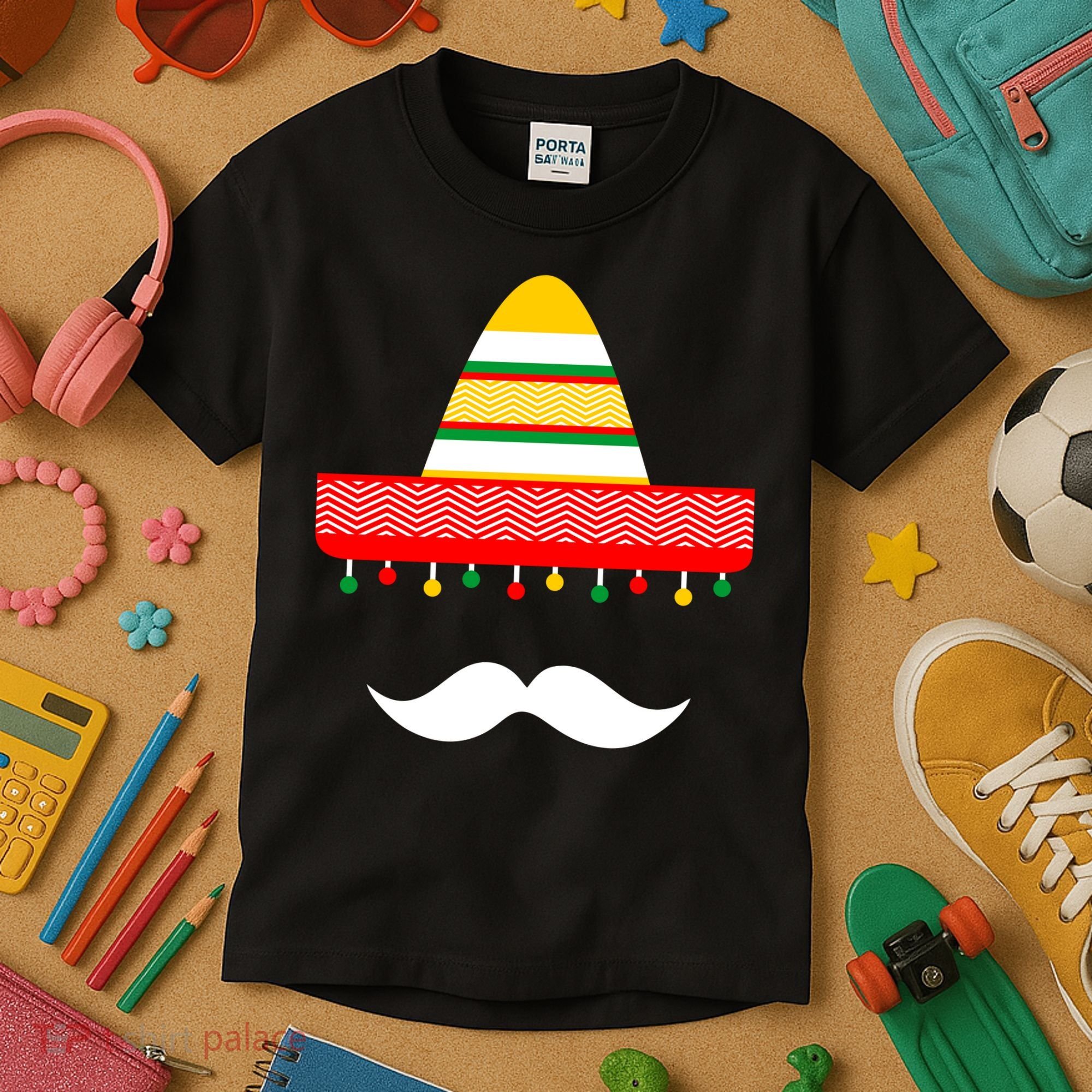 Funny Cinco De Mayo Mexican Hat Sombrero Mustache Kids T-Shirt