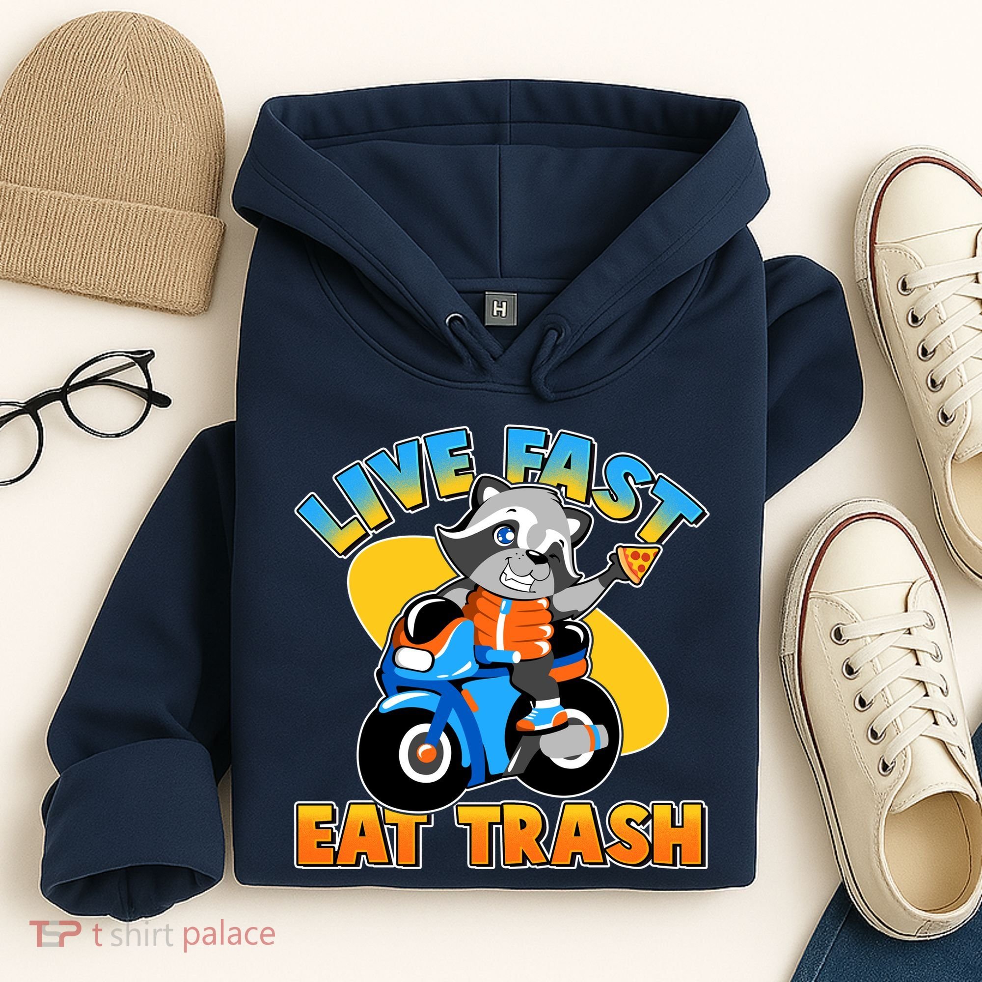 Funny Cute Live Fast Eat Trash Motorcycle Raccoon Hoodie