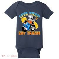 Funny Cute Live Fast Eat Trash Motorcycle Raccoon Baby Bodysuit thumb 0