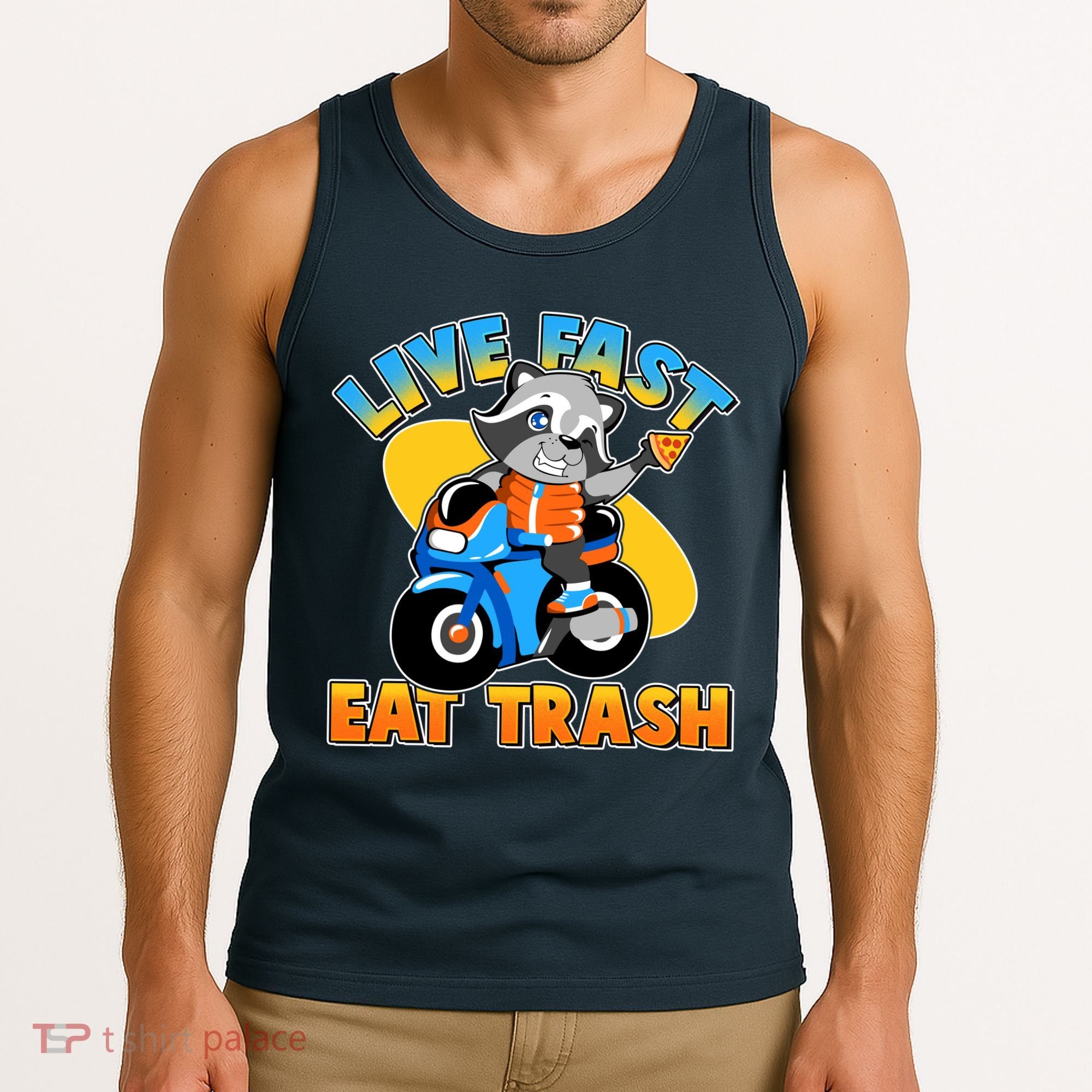 Funny Cute Live Fast Eat Trash Motorcycle Raccoon Tank Top
