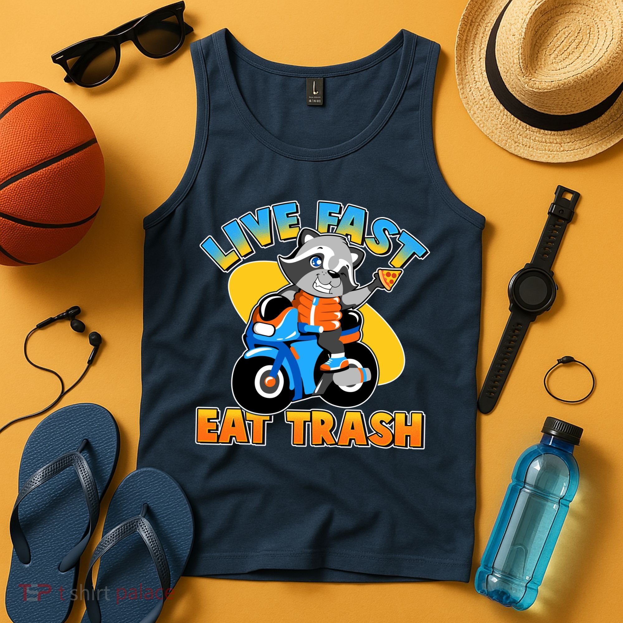 Funny Cute Live Fast Eat Trash Motorcycle Raccoon Tank Top