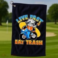 Funny Cute Live Fast Eat Trash Motorcycle Raccoon Golf Towel thumb 1