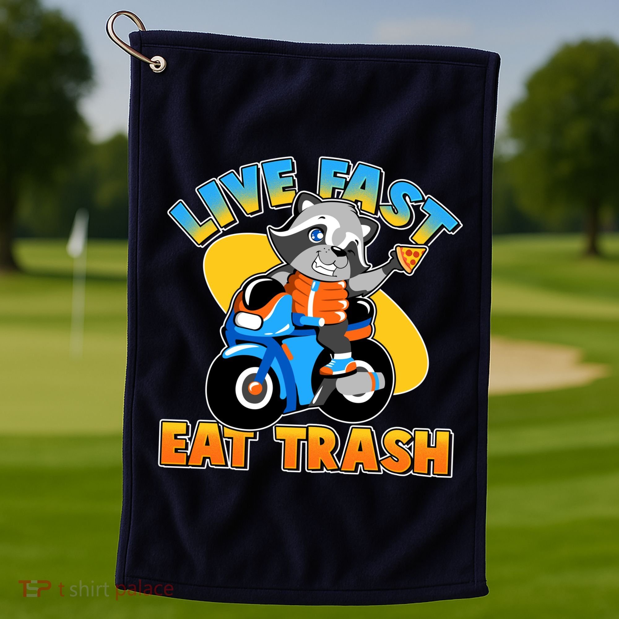 Funny Cute Live Fast Eat Trash Motorcycle Raccoon Golf Towel