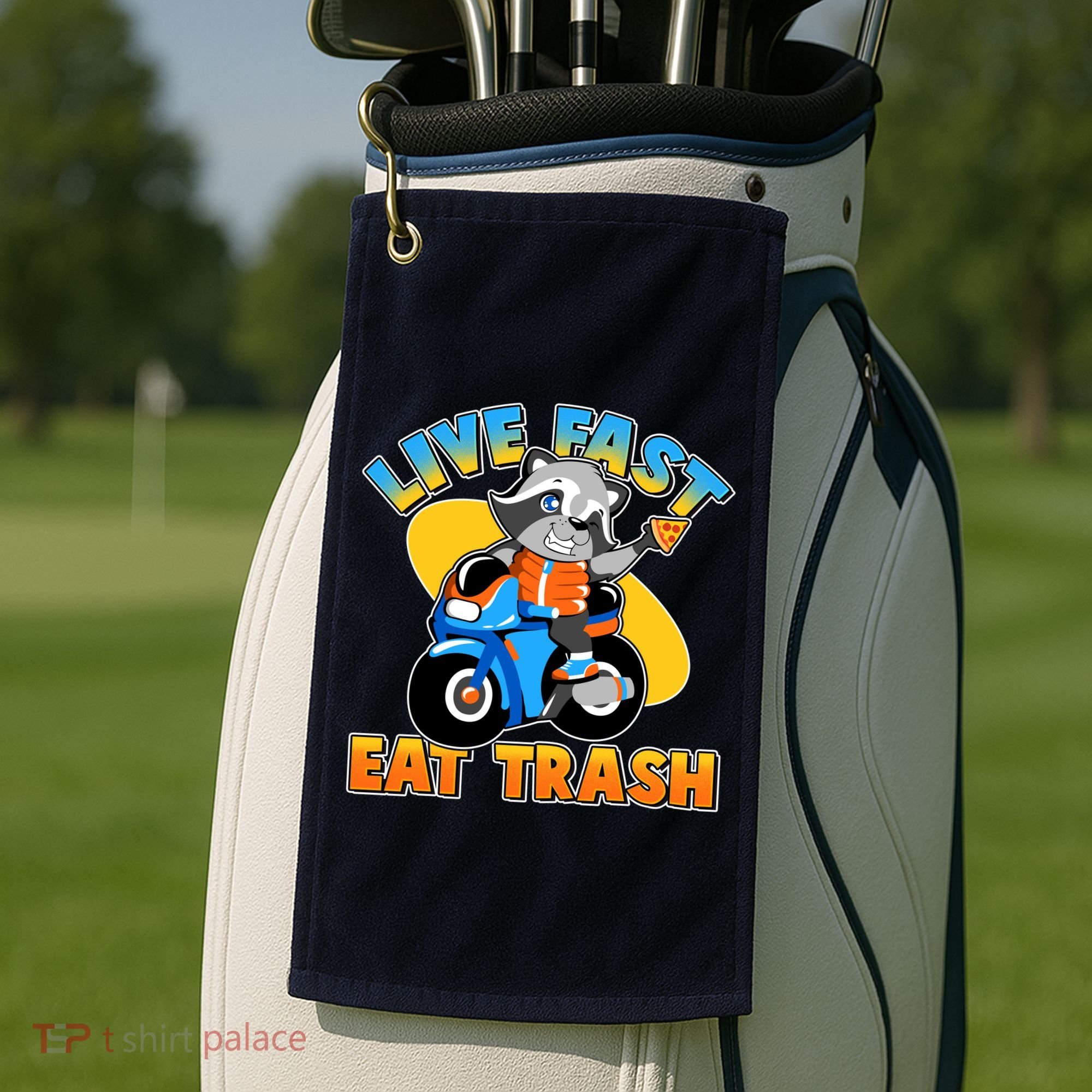 Funny Cute Live Fast Eat Trash Motorcycle Raccoon Golf Towel