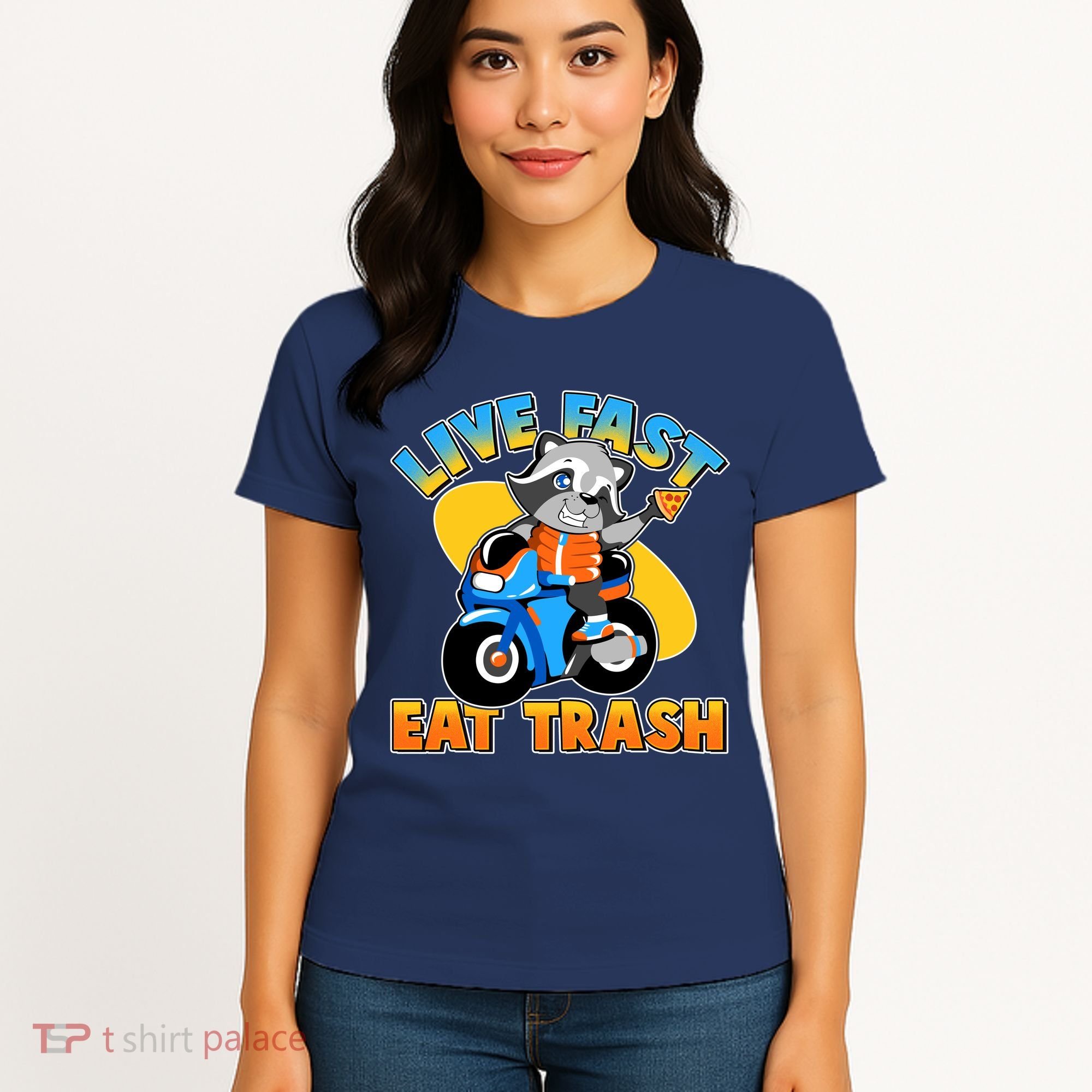 Funny Cute Live Fast Eat Trash Motorcycle Raccoon Women's T-Shirt