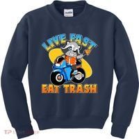 Funny Cute Live Fast Eat Trash Motorcycle Raccoon Kids Sweatshirt thumb 0
