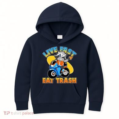Funny Cute Live Fast Eat Trash Motorcycle Raccoon Kids Hoodie