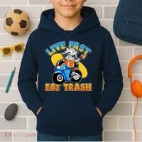 Funny Cute Live Fast Eat Trash Motorcycle Raccoon Kids Hoodie thumb 2