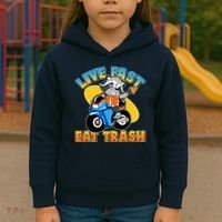 Funny Cute Live Fast Eat Trash Motorcycle Raccoon Kids Hoodie thumb 3