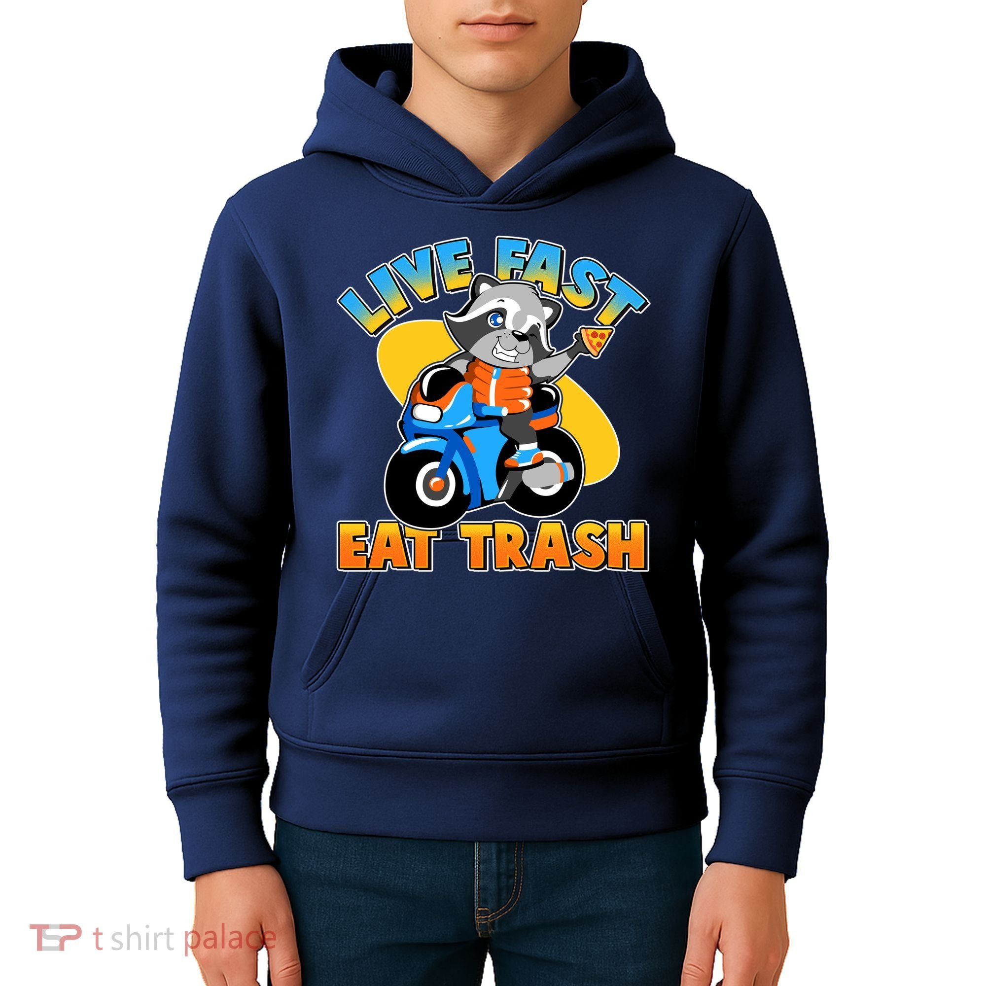 Funny Cute Live Fast Eat Trash Motorcycle Raccoon Kids Hoodie