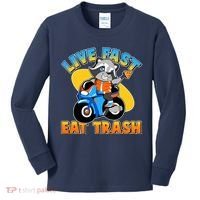 Funny Cute Live Fast Eat Trash Motorcycle Raccoon Kids Long Sleeve Shirt thumb 0