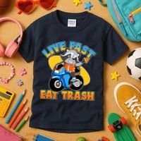Funny Cute Live Fast Eat Trash Motorcycle Raccoon Kids T-Shirt thumb 3