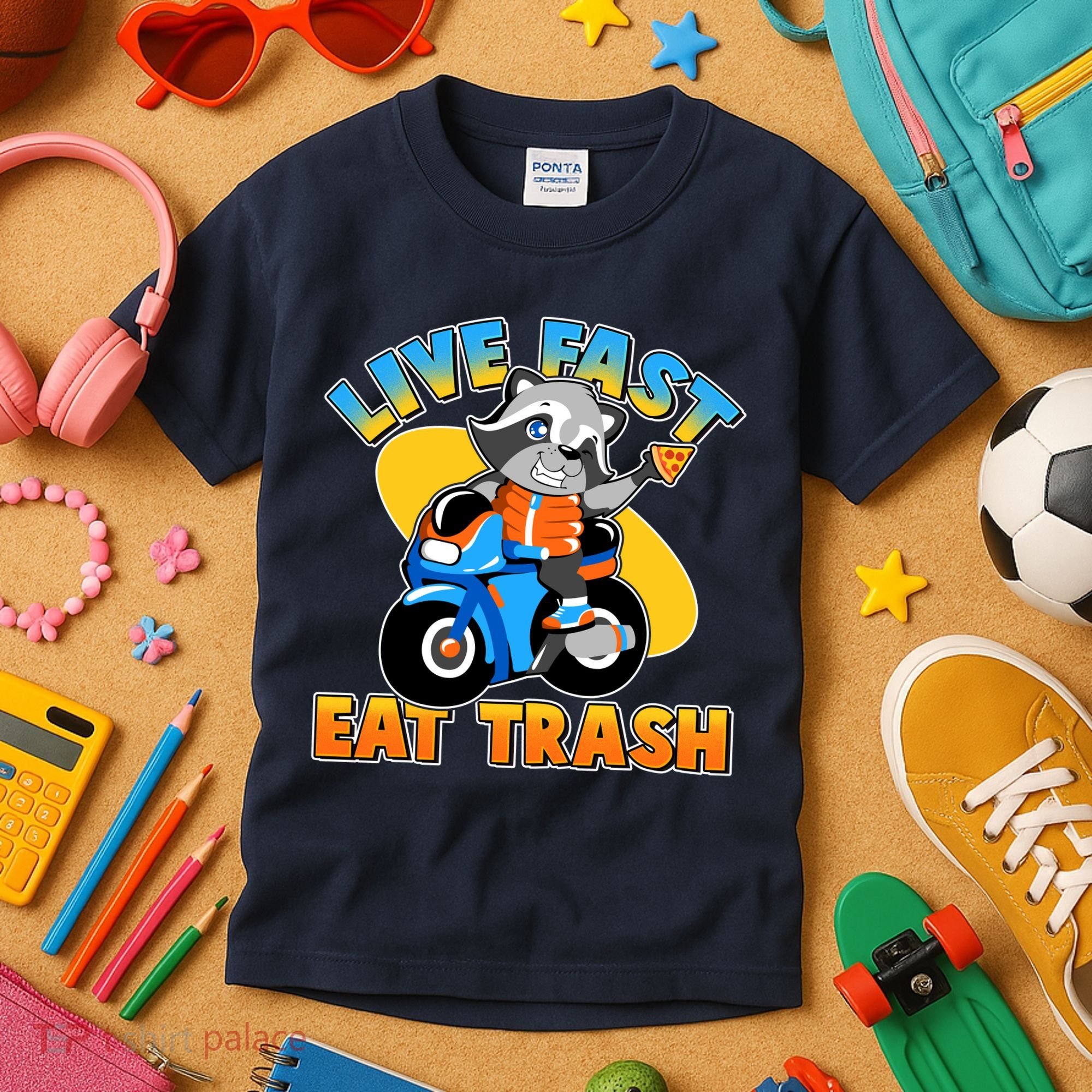 Funny Cute Live Fast Eat Trash Motorcycle Raccoon Kids T-Shirt
