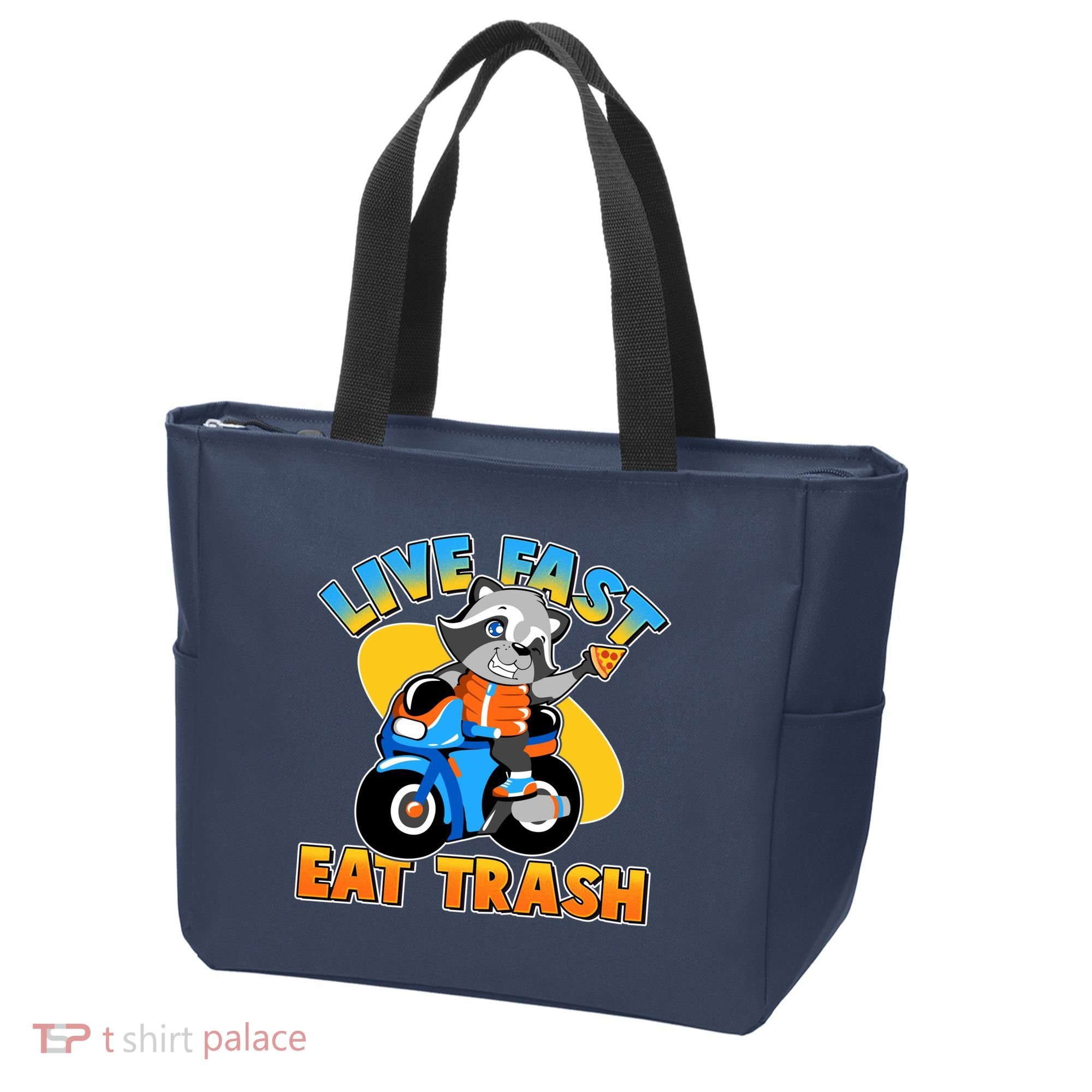 Funny Cute Live Fast Eat Trash Motorcycle Raccoon Tote Bag
