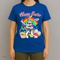 Funny Dabbing Rainbow Easter Bunny T-Shirt thumb 4
