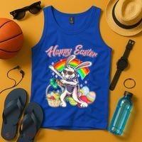 Funny Dabbing Rainbow Easter Bunny Tank Top thumb 4