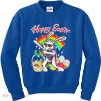 Funny Dabbing Rainbow Easter Bunny Kids Sweatshirt thumb 0