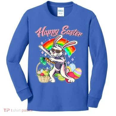 Funny Dabbing Rainbow Easter Bunny Kids Long Sleeve Shirt