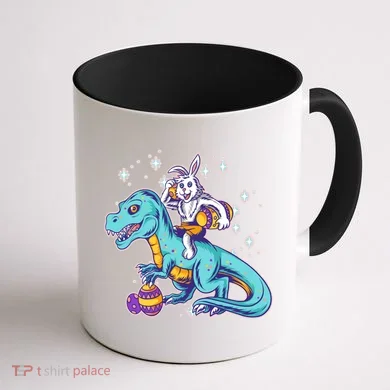 Funny Easter Bunny Riding T-Rex Coffee Mug back
