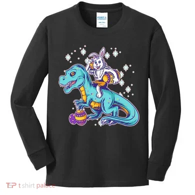 Funny Easter Bunny Riding T-Rex Kids Long Sleeve Shirt
