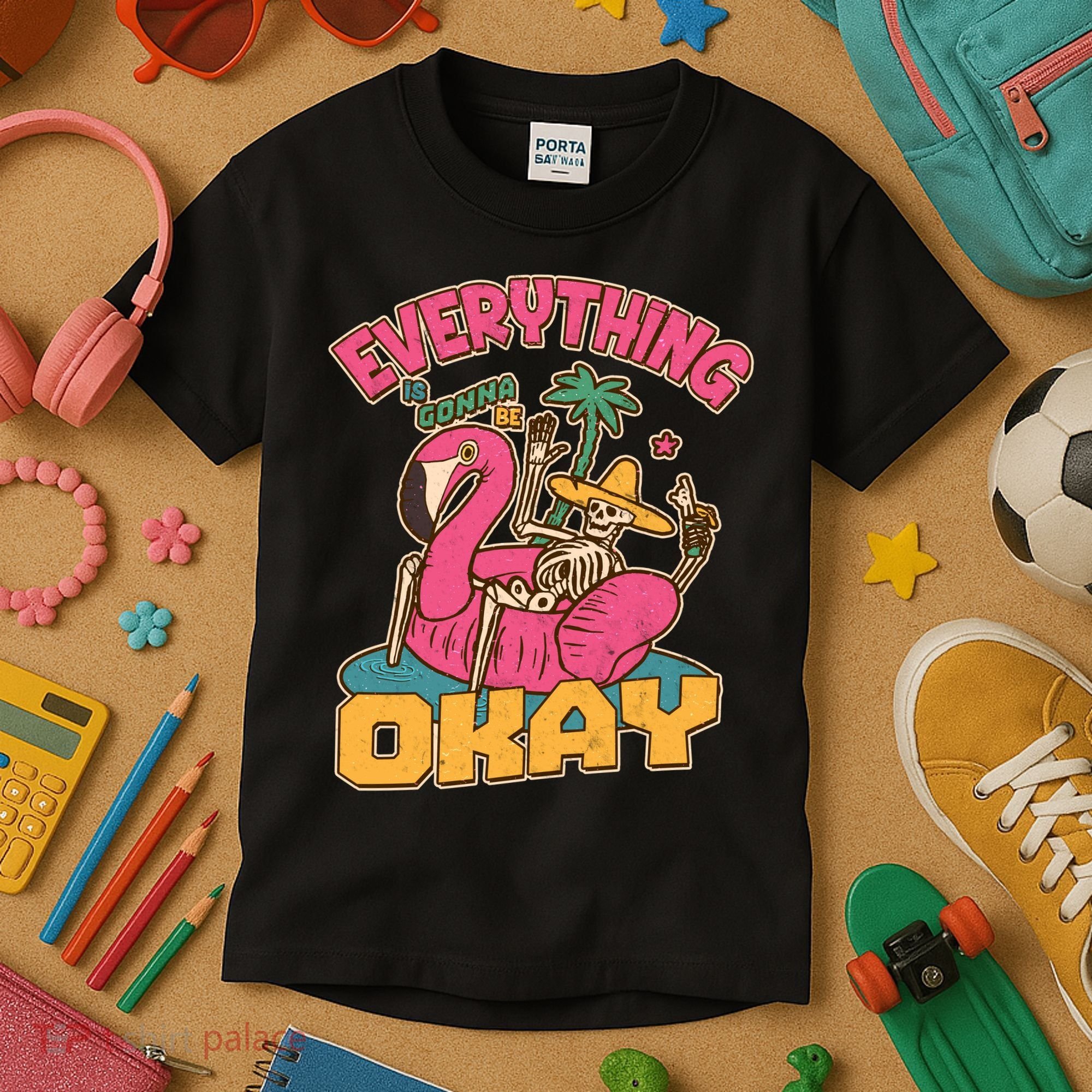 Funny Everything Is Gonna Be Okay Vacation Skeleton Kids T-Shirt
