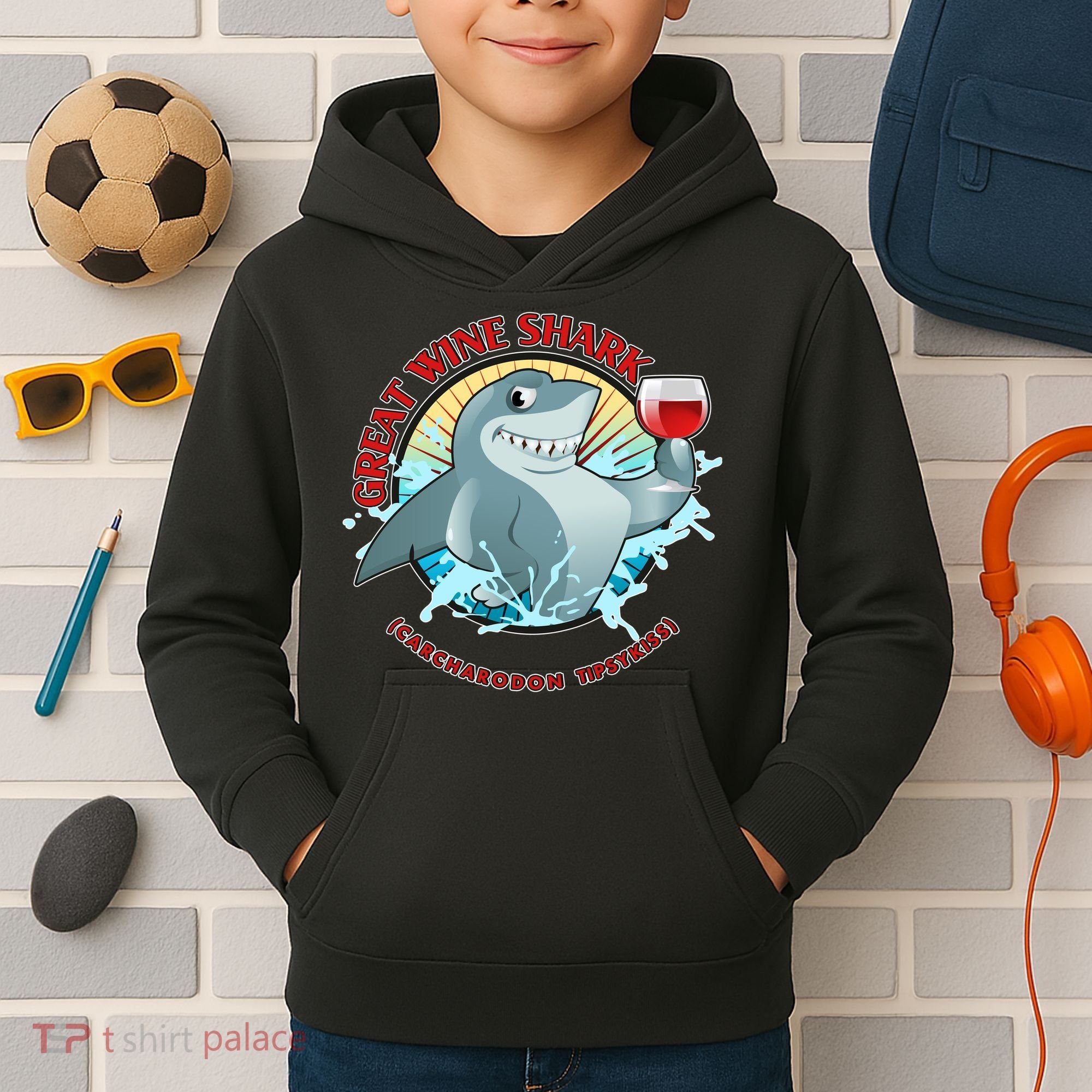 Funny Great Wine Shark Emblem Kids Hoodie