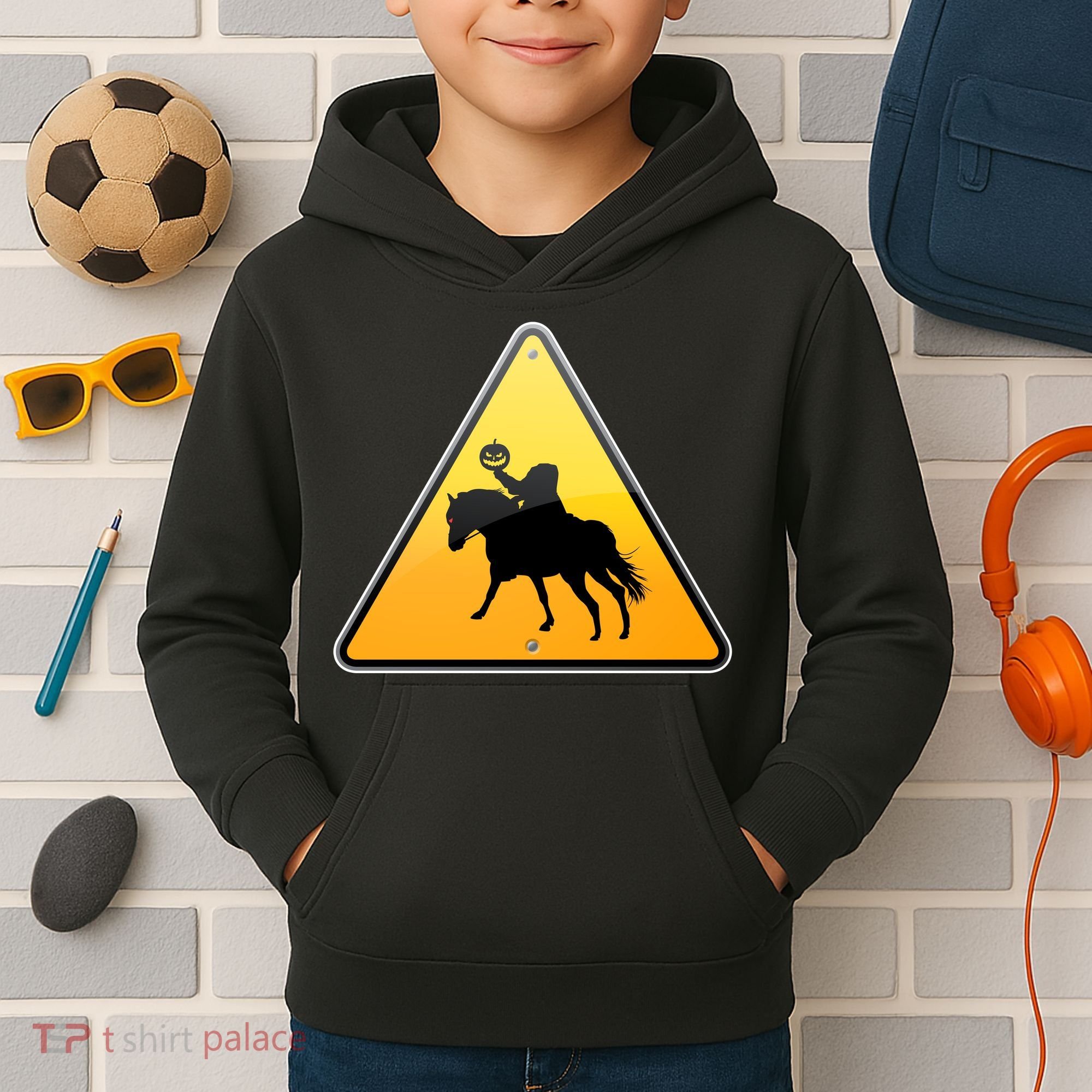 Funny Halloween Headless Horseman Crossing Kids Hoodie