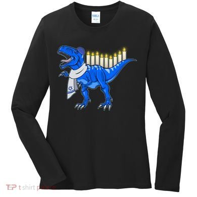 Funny Hanukah Menorasaurus T-Rex Dinosaur Women's Long Sleeve Shirt