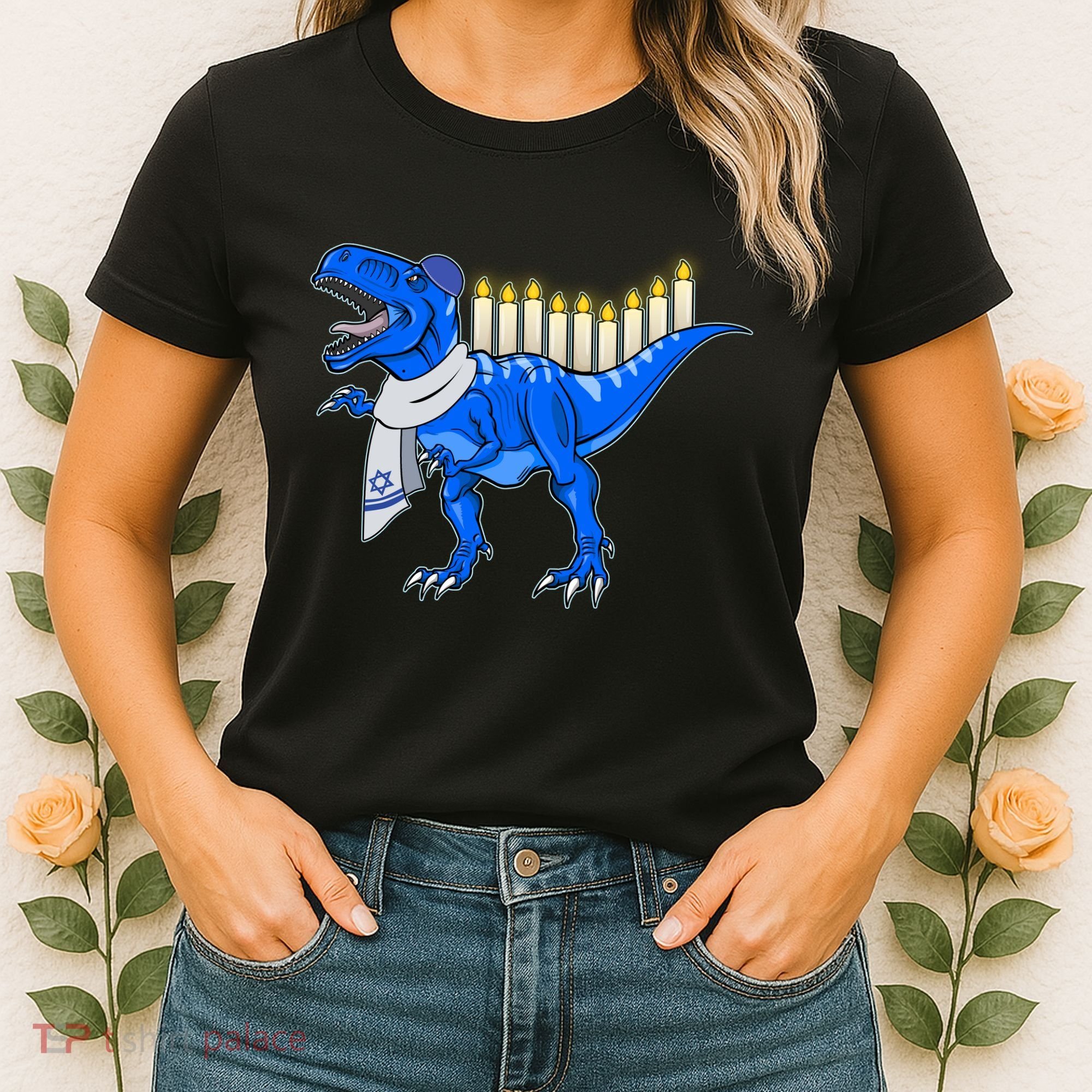 Funny Hanukah Menorasaurus T-Rex Dinosaur Women's T-Shirt