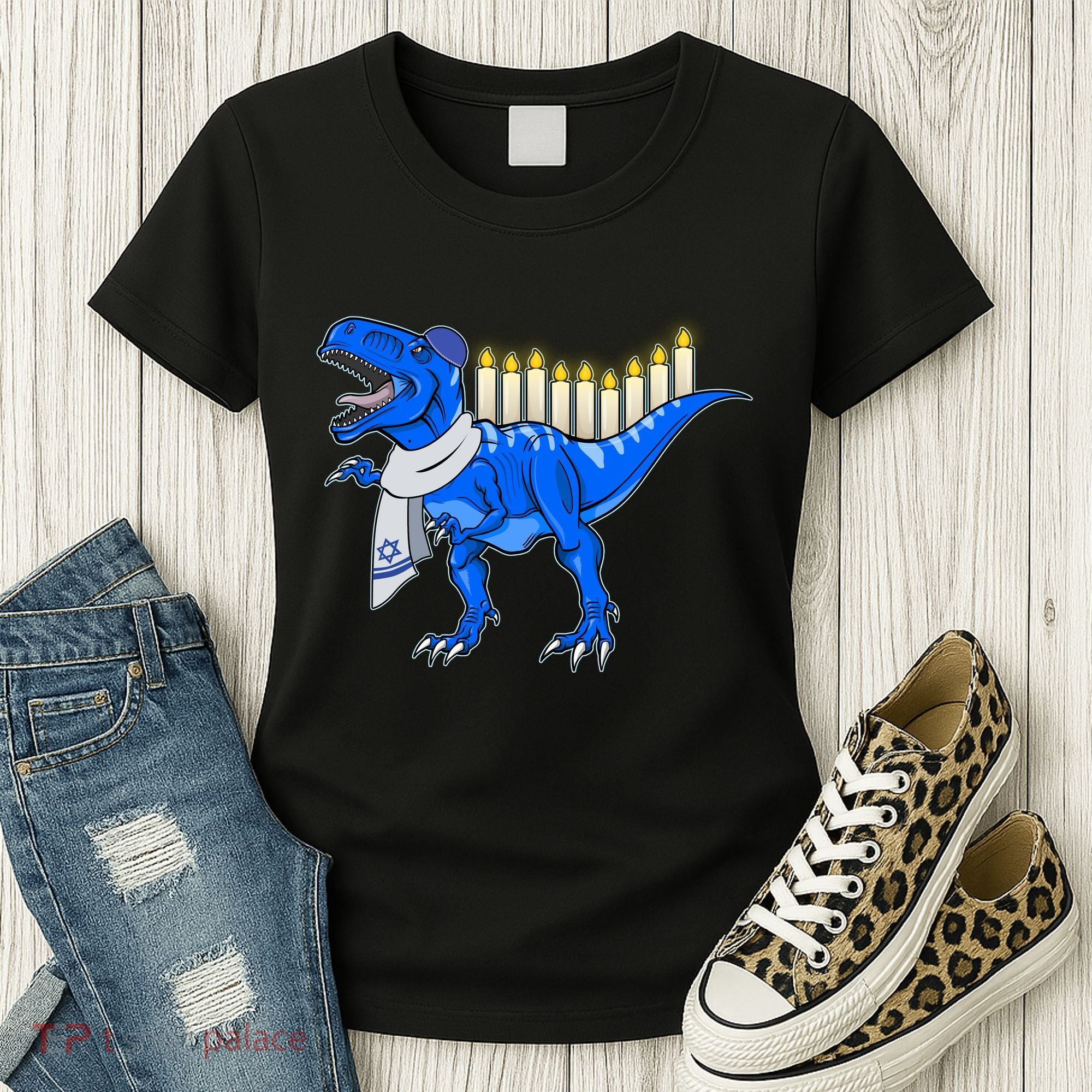 Funny Hanukah Menorasaurus T-Rex Dinosaur Women's T-Shirt