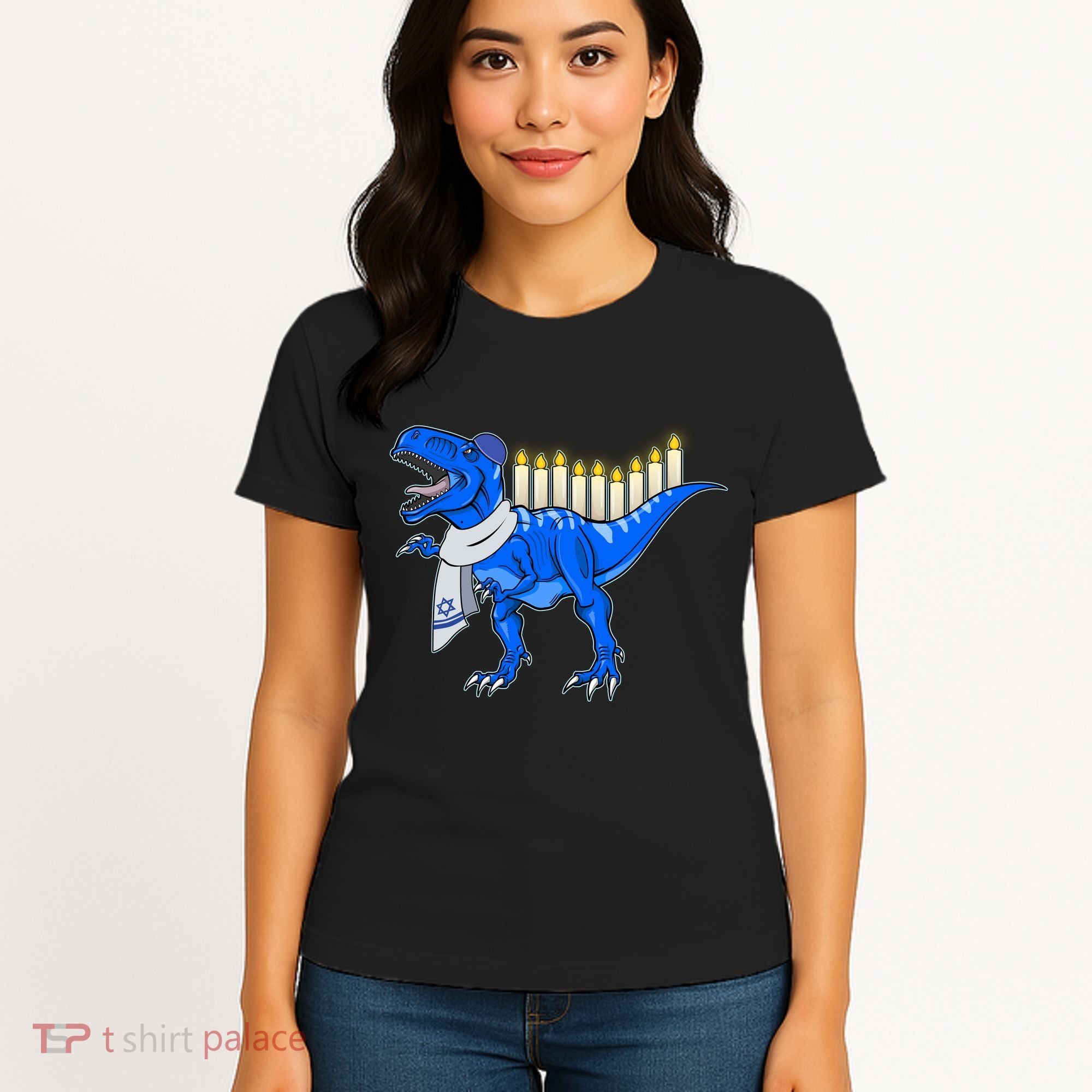Funny Hanukah Menorasaurus T-Rex Dinosaur Women's T-Shirt