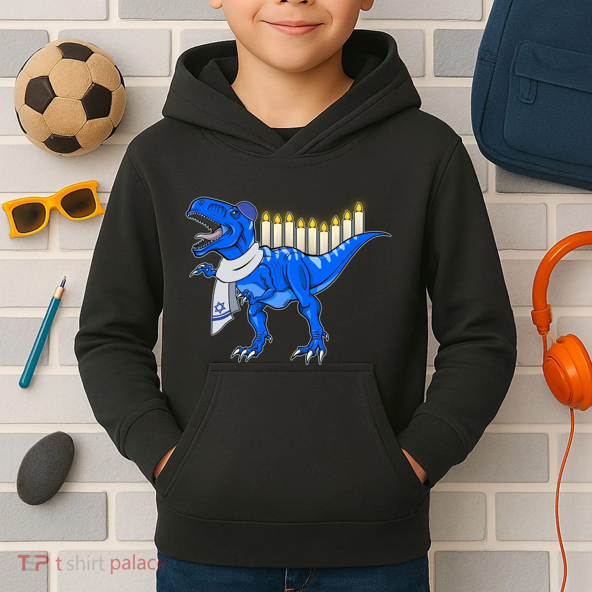 Funny Hanukah Menorasaurus T-Rex Dinosaur Kids Hoodie