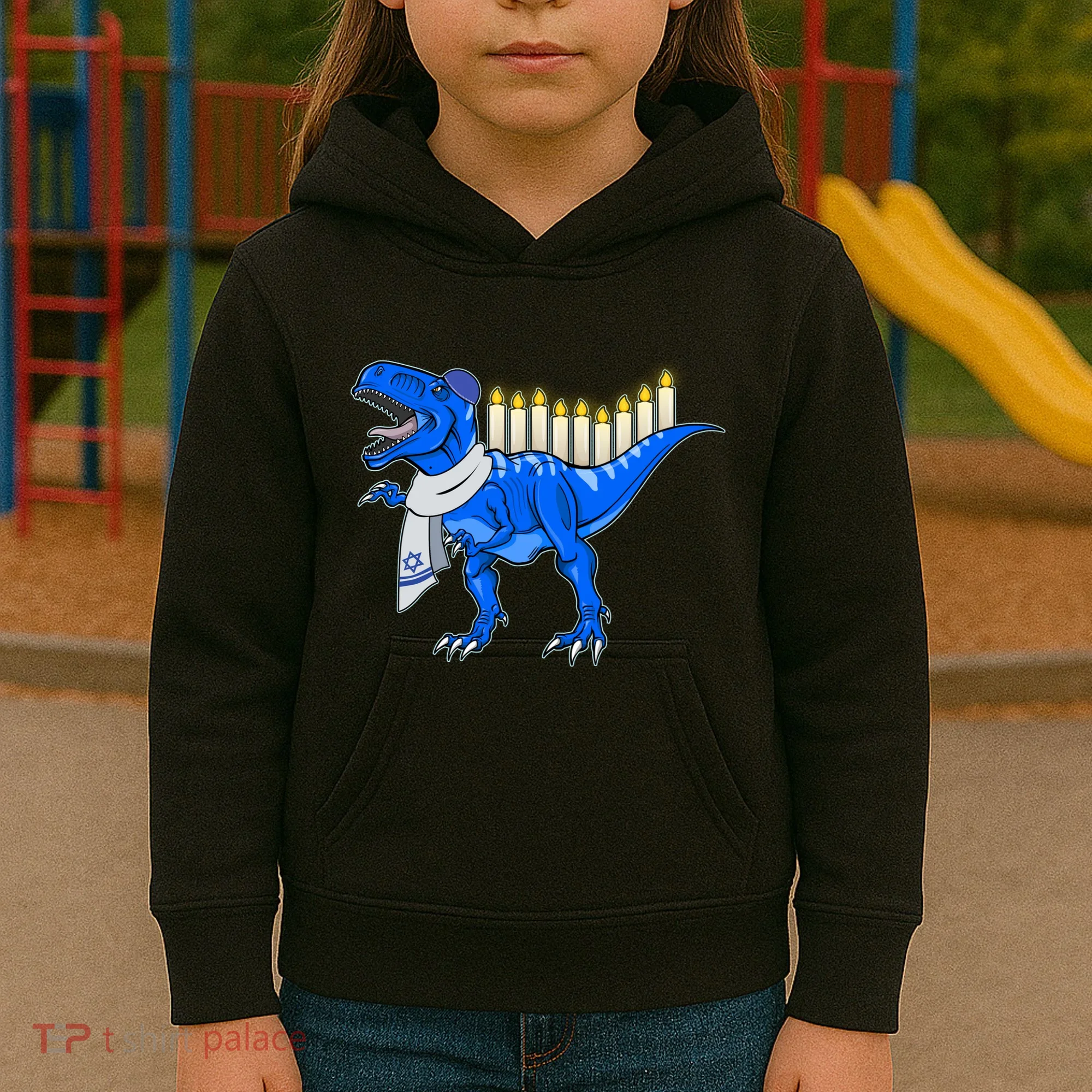 Funny Hanukah Menorasaurus T-Rex Dinosaur Kids Hoodie