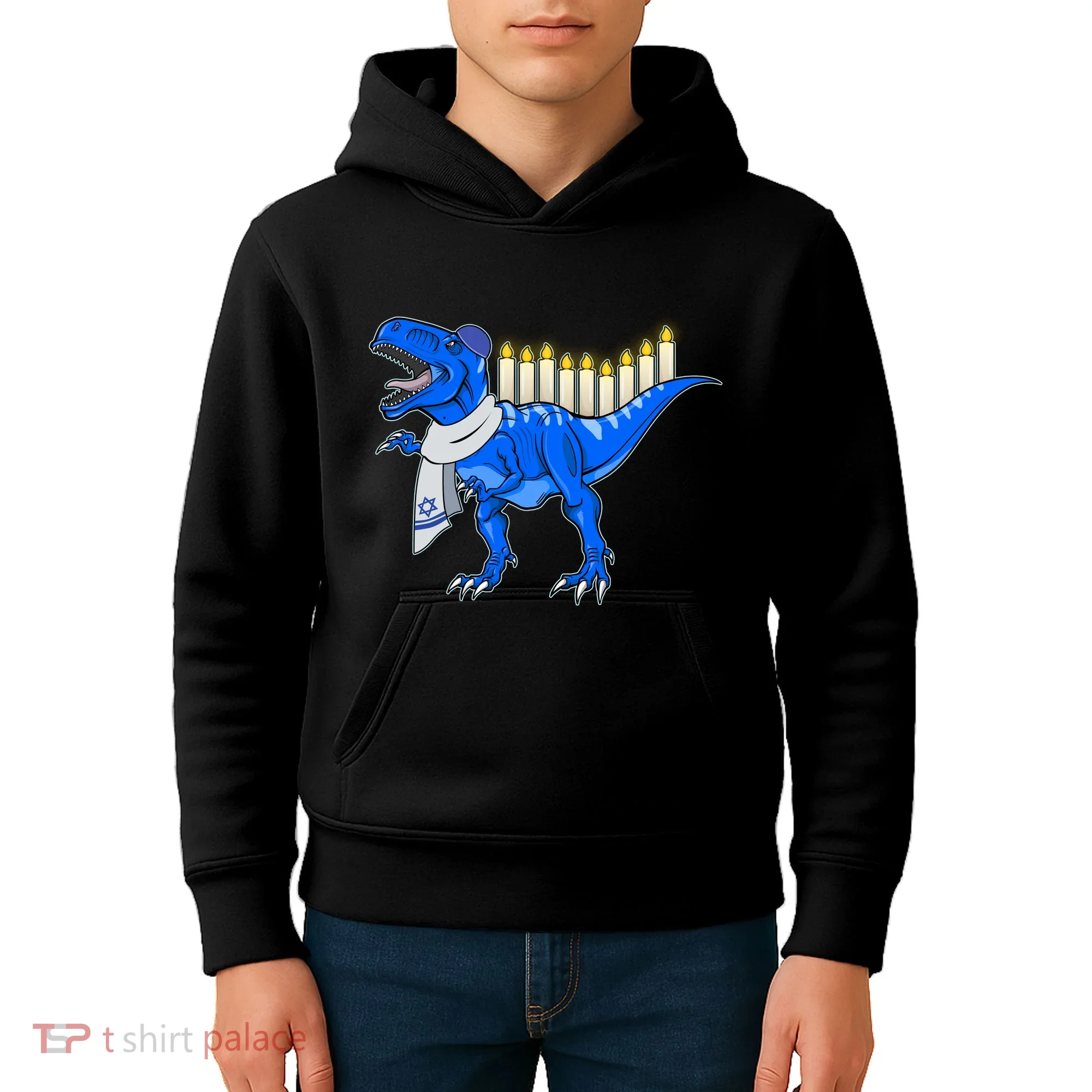 Funny Hanukah Menorasaurus T-Rex Dinosaur Kids Hoodie