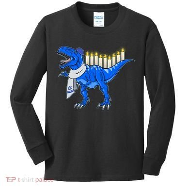 Funny Hanukah Menorasaurus T-Rex Dinosaur Kids Long Sleeve Shirt