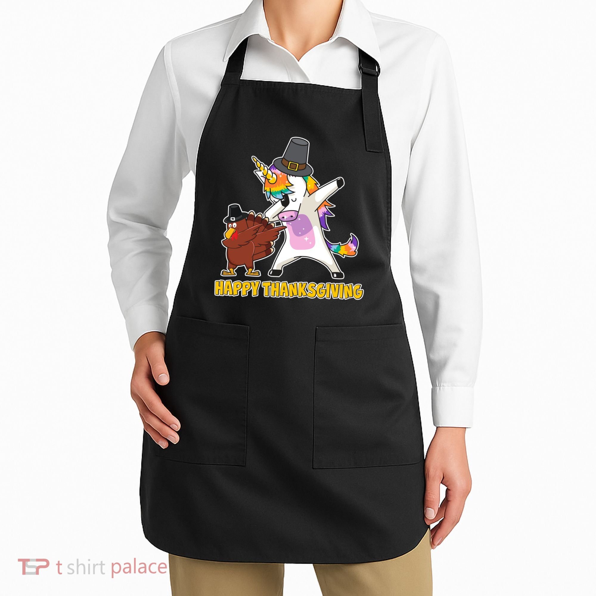 Funny Happy Thanksgiving Dabbing Turkey and Unicorn Apron