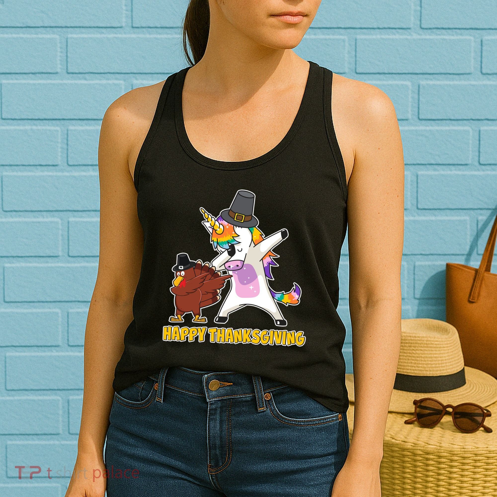 Funny Happy Thanksgiving Dabbing Turkey and Unicorn Women's Tank Top