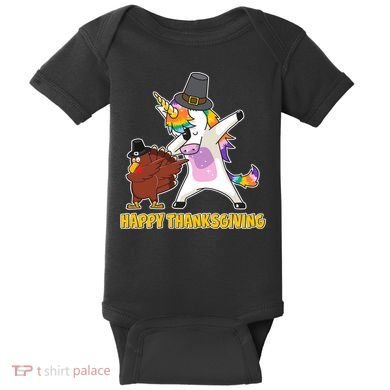 Funny Happy Thanksgiving Dabbing Turkey and Unicorn Baby Bodysuit