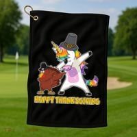 Funny Happy Thanksgiving Dabbing Turkey and Unicorn Golf Towel thumb 1