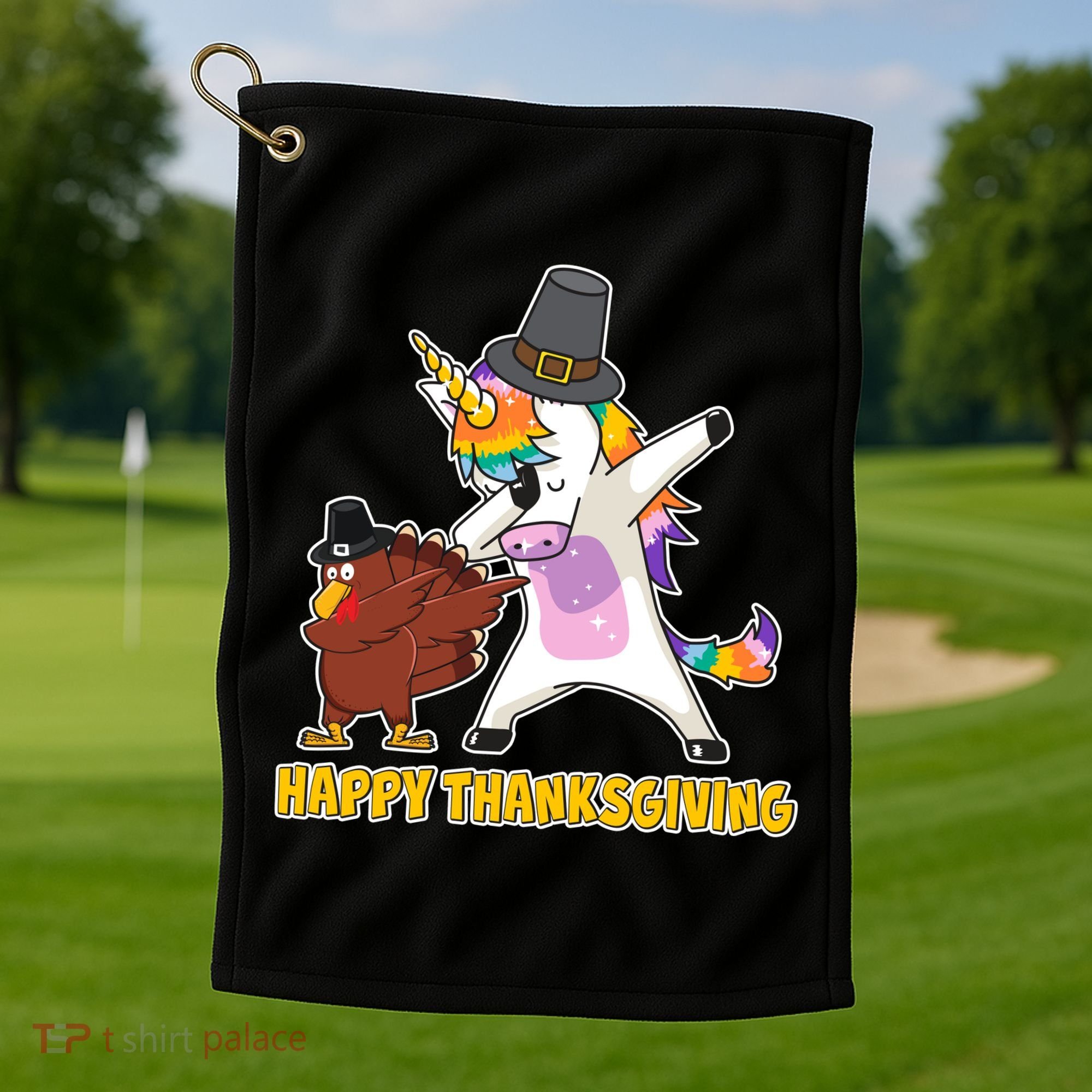 Funny Happy Thanksgiving Dabbing Turkey and Unicorn Golf Towel