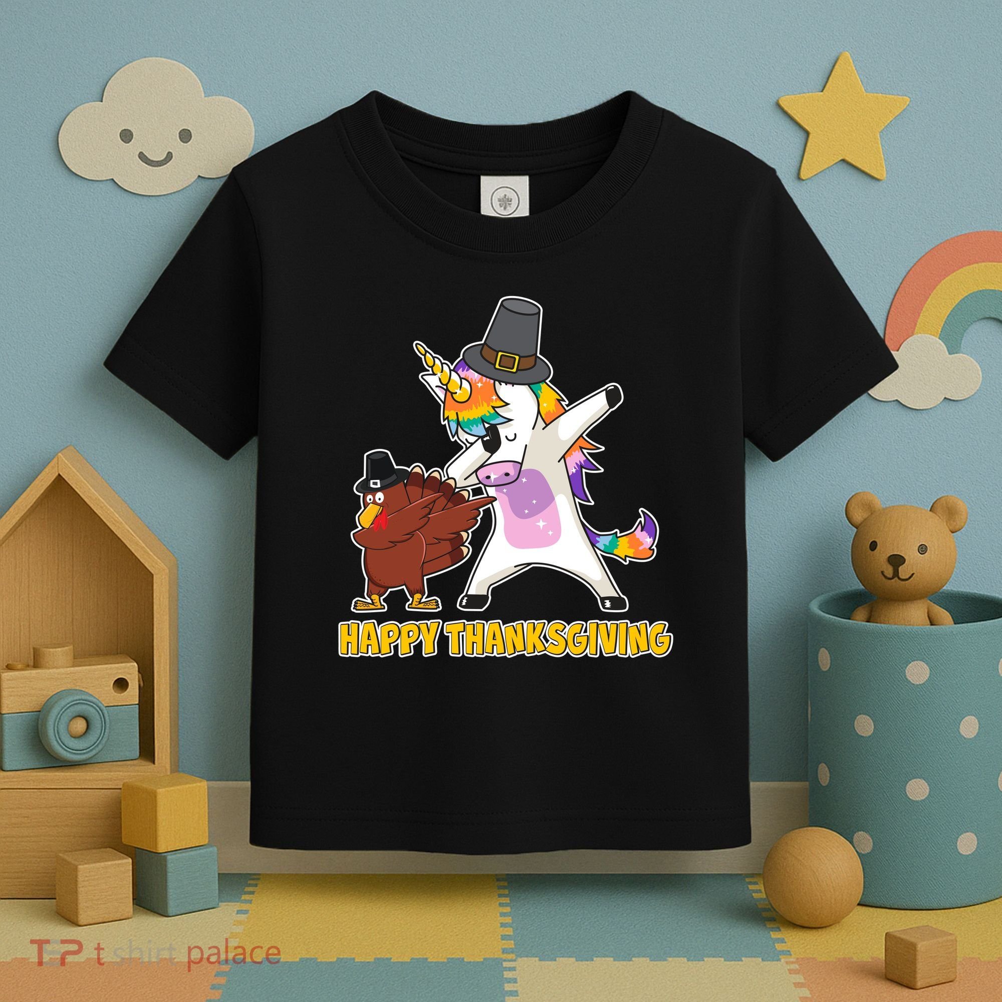 Funny Happy Thanksgiving Dabbing Turkey and Unicorn Toddler T-Shirt