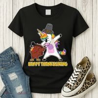 Funny Happy Thanksgiving Dabbing Turkey and Unicorn Women's T-Shirt thumb 3